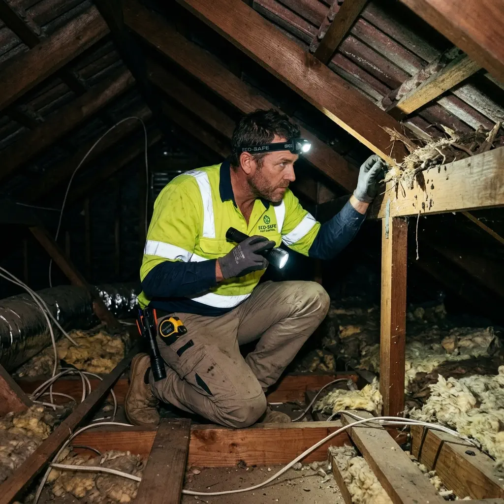 Technician inspecting a Waurn Ponds roof cavity for a dead possum